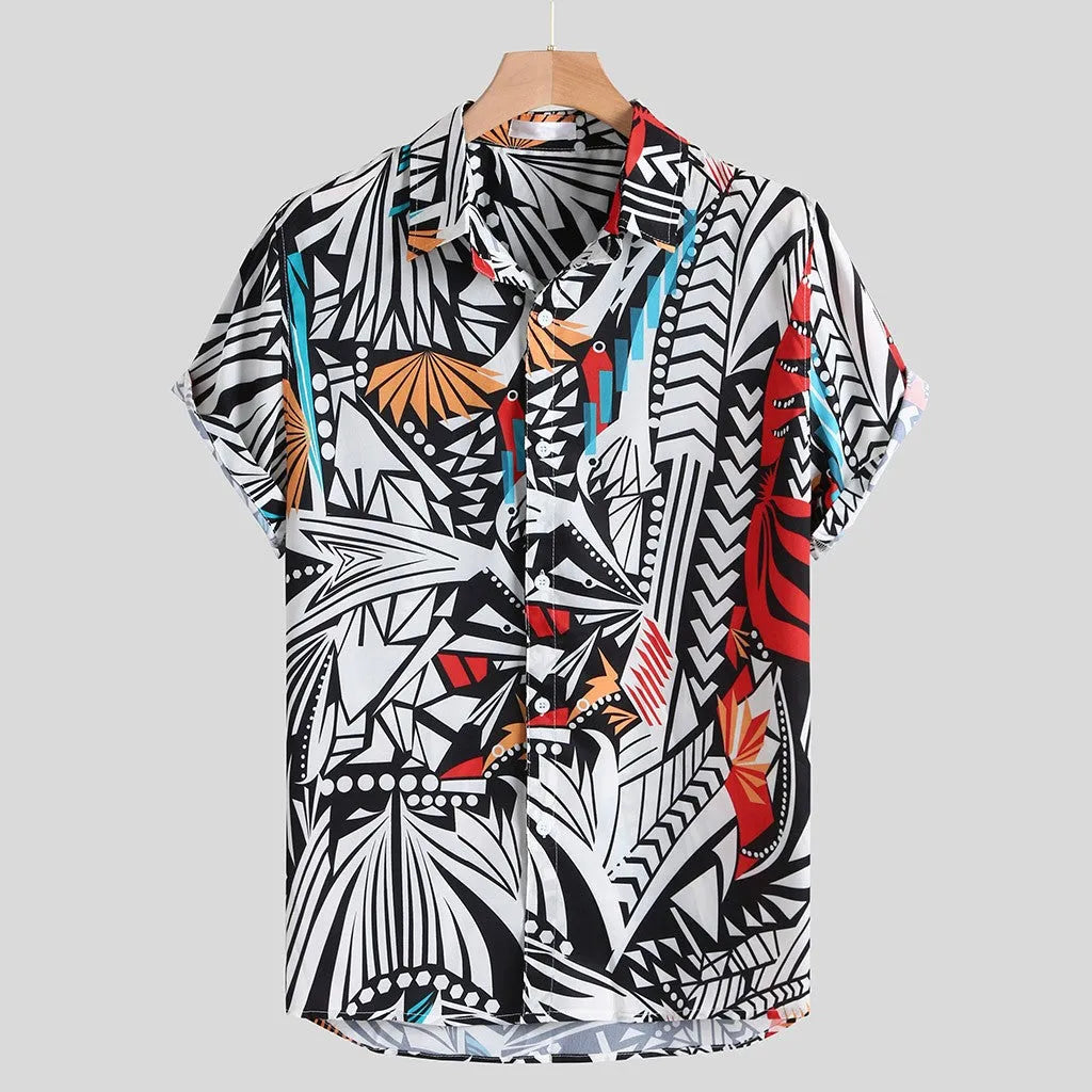 Men's Hawaiian casual shirt with lapel collar, loose fit, polyester fabric, available in blue colour