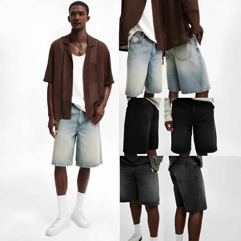 Men's loose fit straight leg jeans in light blue, black, and grey denim for summer street style