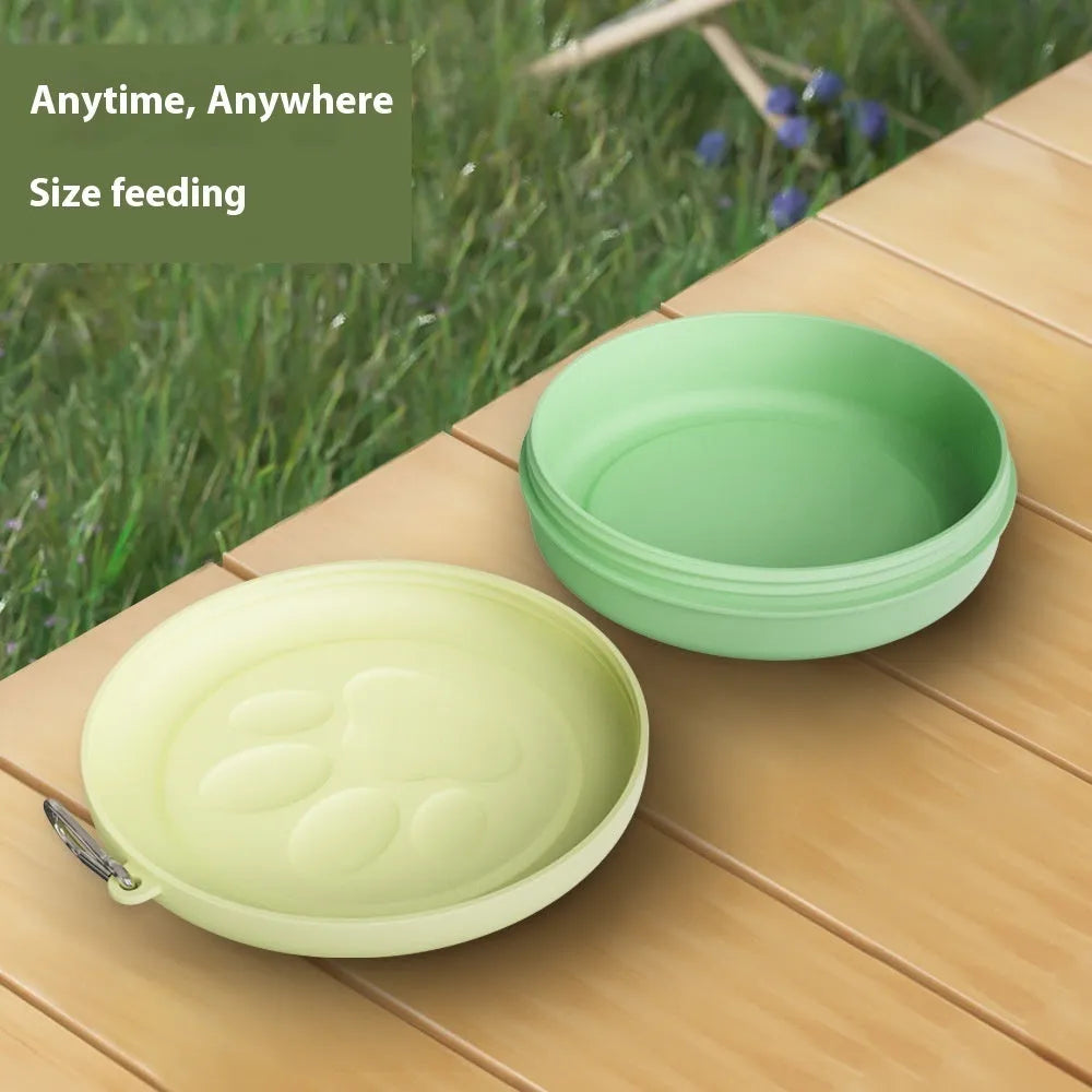 Collapsible silicone dog bowl with snap-on lid in pink and green colour options showing L and S sizes