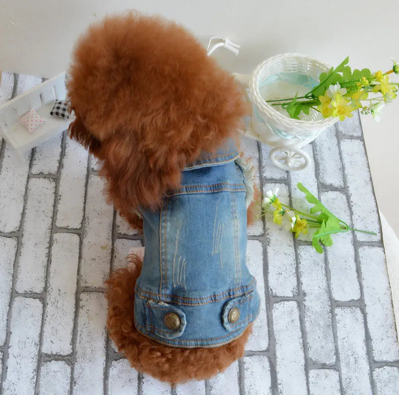 Denim dog vest with retro scratch pattern in blue wash for small to medium breeds