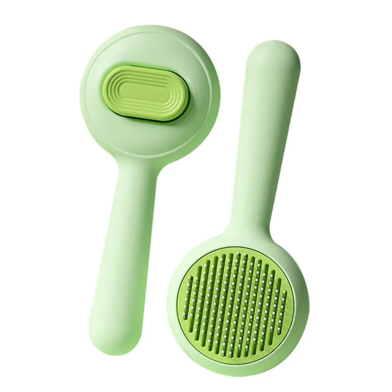 Green and yellow handled pet grooming brushes with stainless steel comb teeth for removing loose hair from cats and dogs.