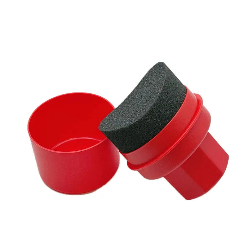 Hand-held car tyre polishing sponge brush with a black high-density sponge and a white PP plastic handle and lid.