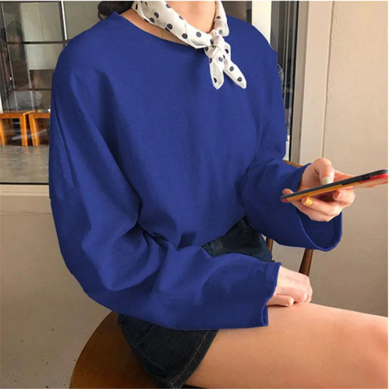 Loose and lazy style long-sleeved top in solid colour polyester pullover for commute
