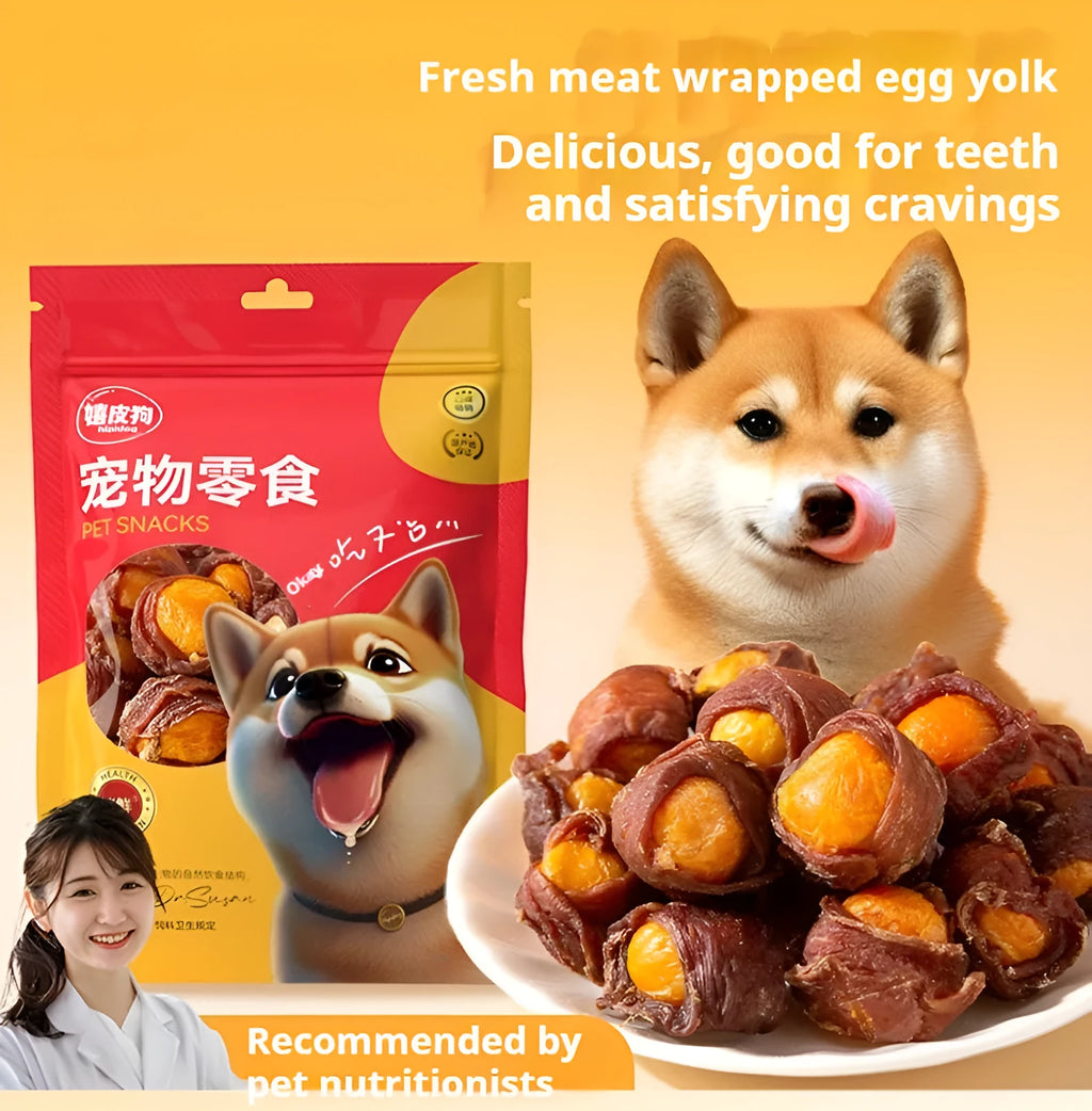 Dog snack with egg yolk and chicken duck meat in chewable form for training rewards