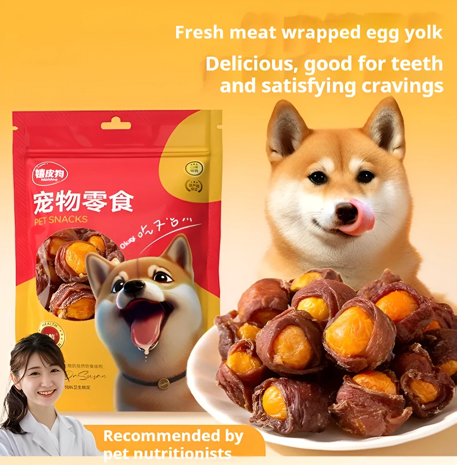 Dog snack with egg yolk and chicken duck meat in chewable form for training rewards