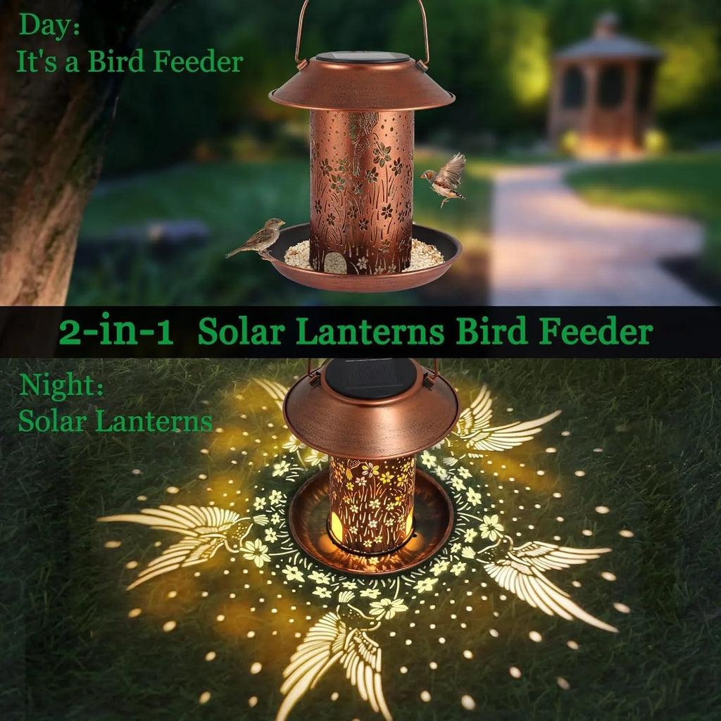 Solar-powered iron art hummingbird pattern feeder lamp for outdoor garden bird attraction and lighting