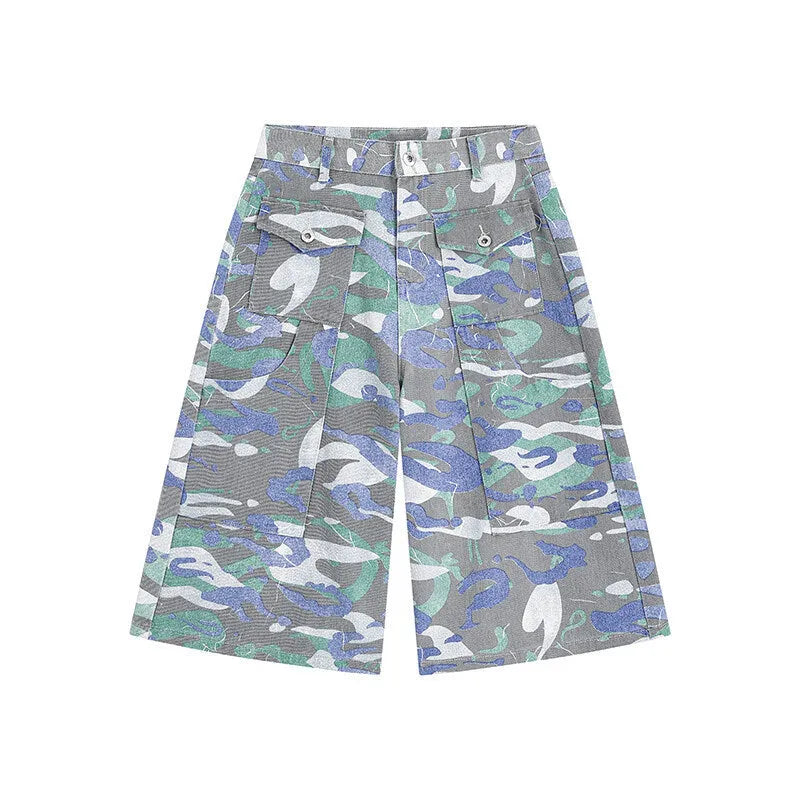 Women's camouflage colour cropped denim trousers with straight leg workwear style and front pocket