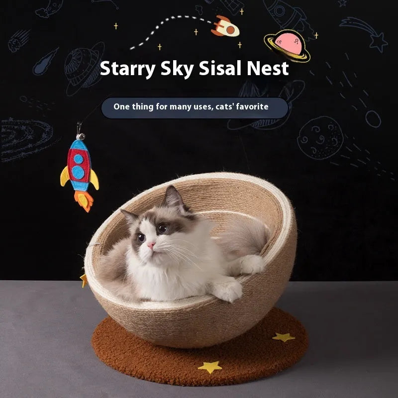 Large integrated cat scratching basin and nest with sisal rope post and flannel bed in Starlight Sisal Nest colour.