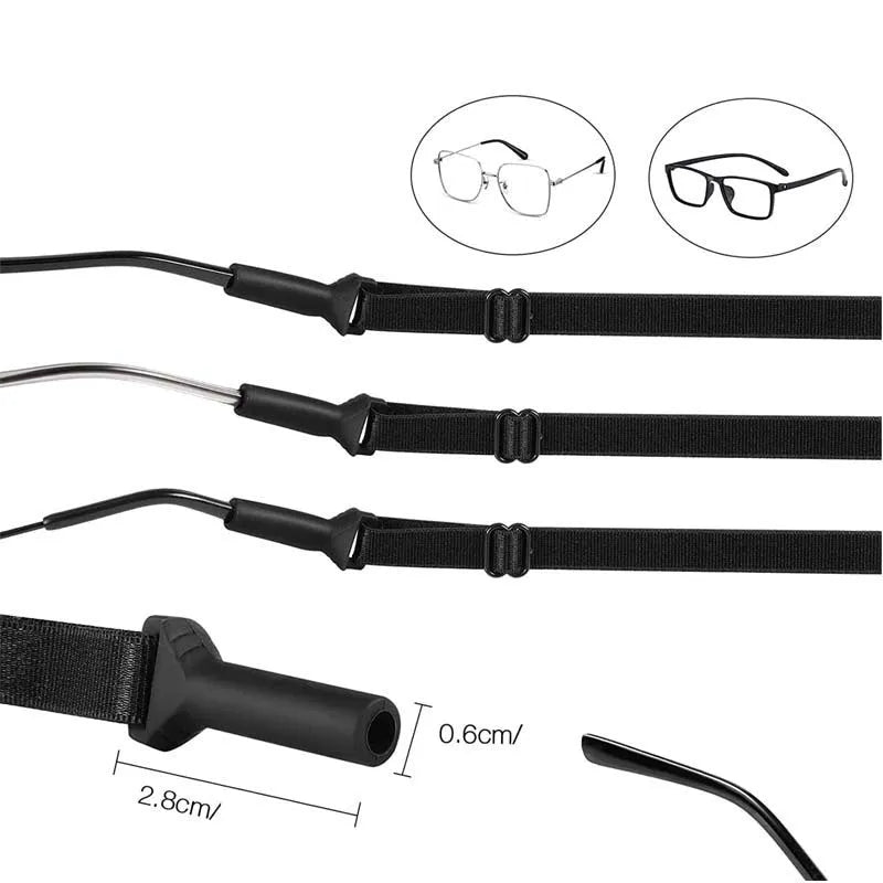 Black adjustable glasses cord with silicone earpiece ends for anti-slip spectacle retention
