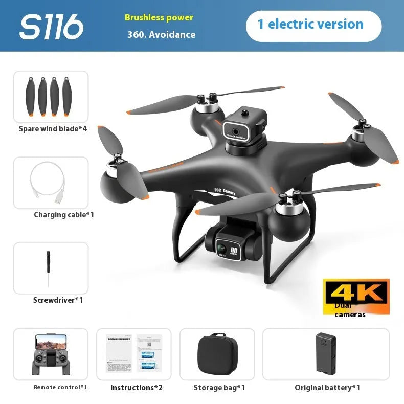 Black HD brushless UAV drone with four-side obstacle avoidance and dual cameras for aerial photography