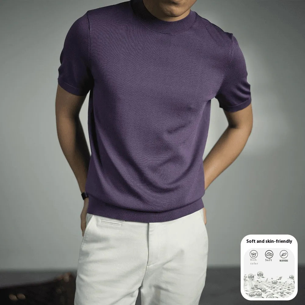 Men's solid colour knitted T-shirt with round neck and short sleeves on a hanger.