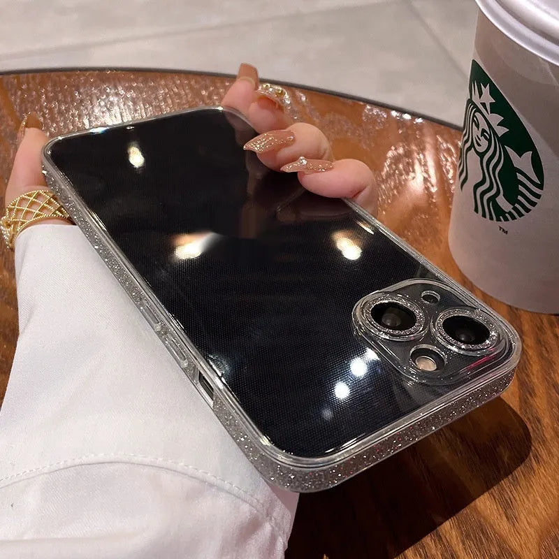 Starry glitter transparent glass phone case for iPhone 14 Pro Max with electroplated finish in Yuefeng blue