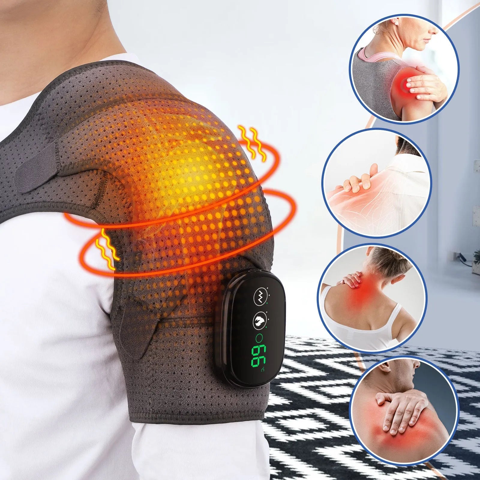USB rechargeable electric heating shoulder pad in pure gray with adjustable long strap and short bandage