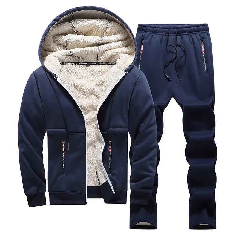 Fleece-lined thickened men's tracksuit in dark gray with hooded top and long trousers