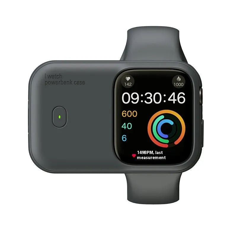 Apple Watch portable charging case power bank in brown, midnight blue, or starlight colour with silicone protection case.
