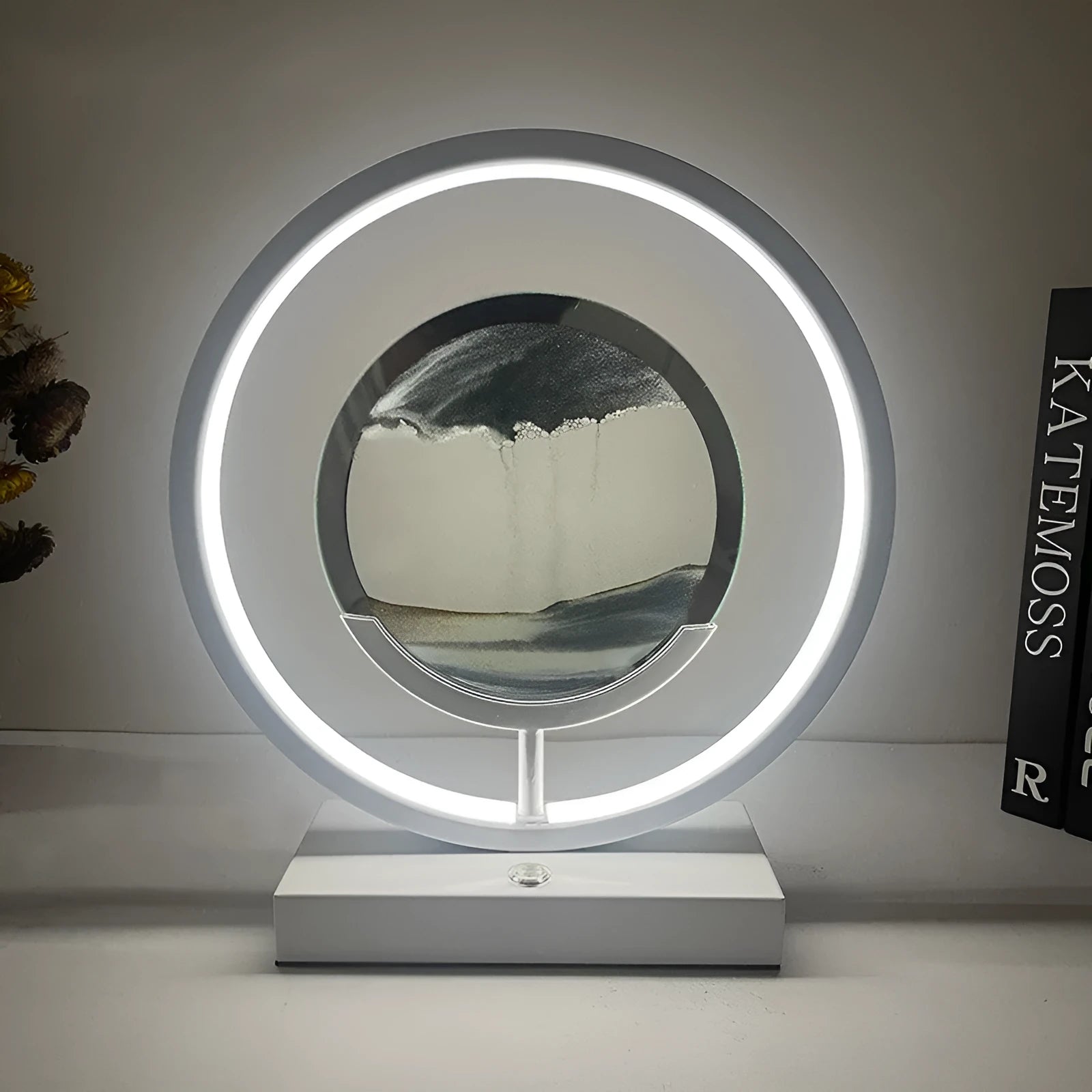 Modern acrylic and metal LED quicksand table lamp with three colour dimming for living room