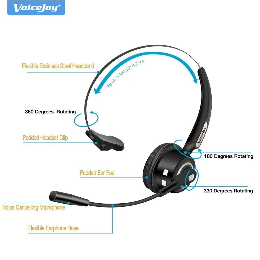 Bluetooth headset with microphone and over-ear design for truck drivers and office phone use.