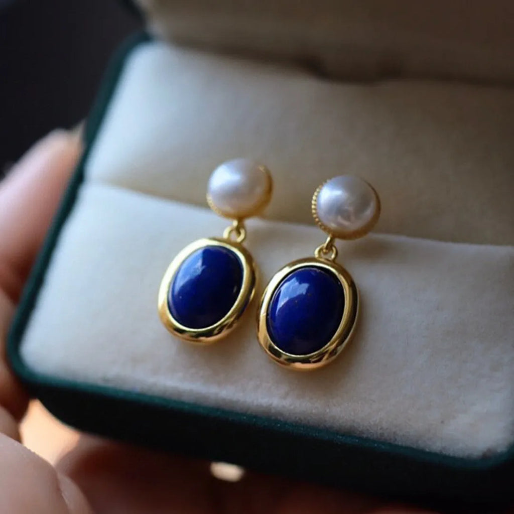 925 sterling silver lapis lazuli pearl stud earrings with auspicious patterns