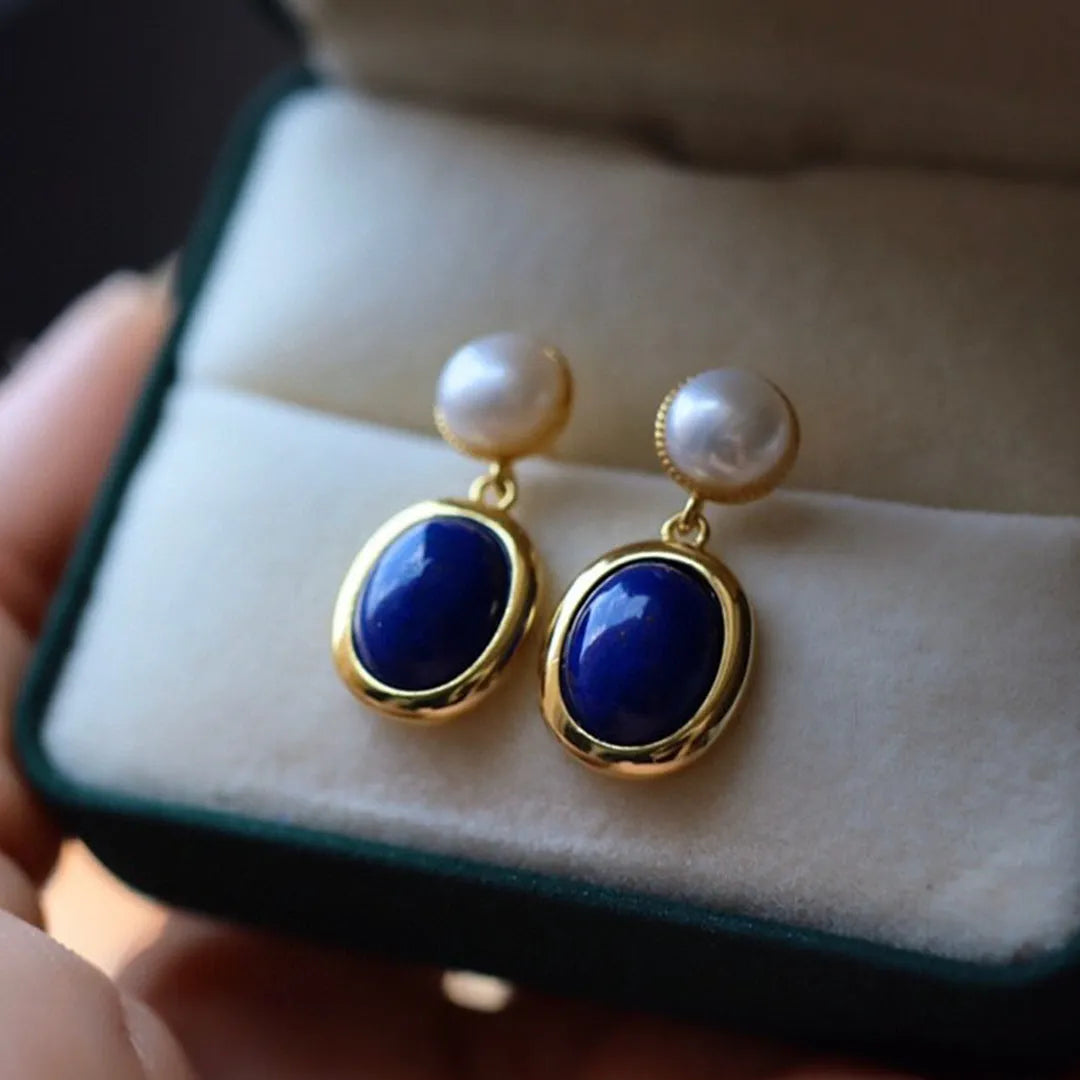 925 sterling silver lapis lazuli pearl stud earrings with auspicious patterns