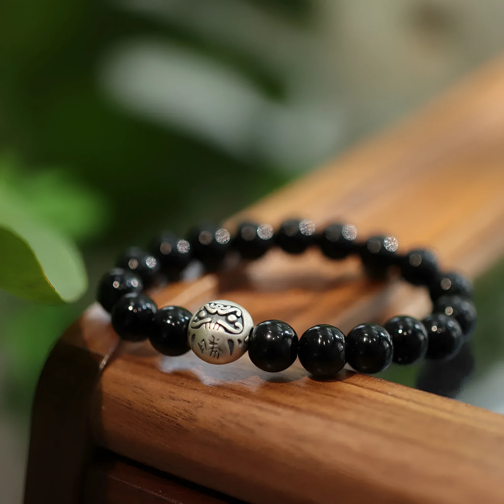 Black agate and sterling silver bracelet with 10mm beads in Chinese style design