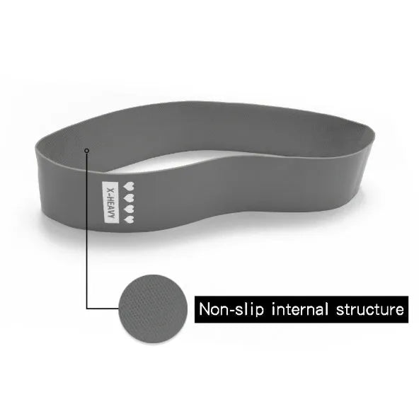 Set of four resistance bands in purple, pink, blue, and grey with non-slip inner surface and cloth bag