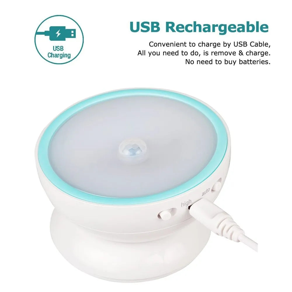 Human body induction night light with 360-degree rotating LED head, motion sensor, USB rechargeable, white colour