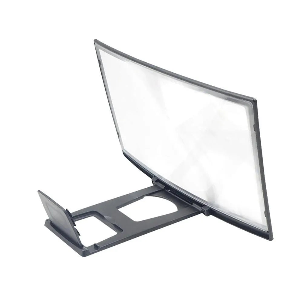 12 inch mobile screen magnifier with curved arc frame holding a phone in anti-slip slot on a desk