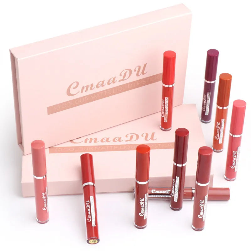 10-pack of women's non-stick cup waterproof matte lipstick in photo colour, each 3g stick with matte finish in compact packaging