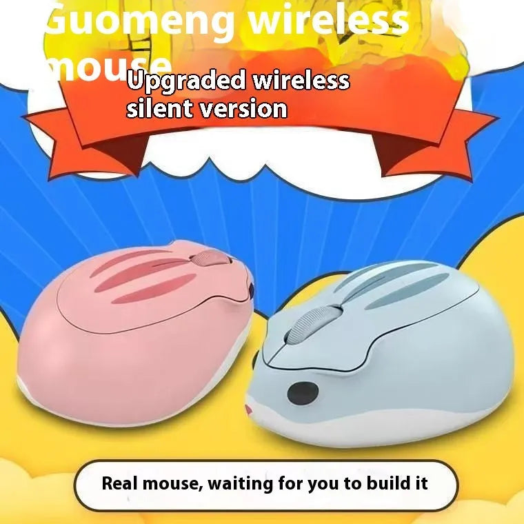 Yellow Bluetooth wireless mouse next to hamster habitat showing compact 105mm size