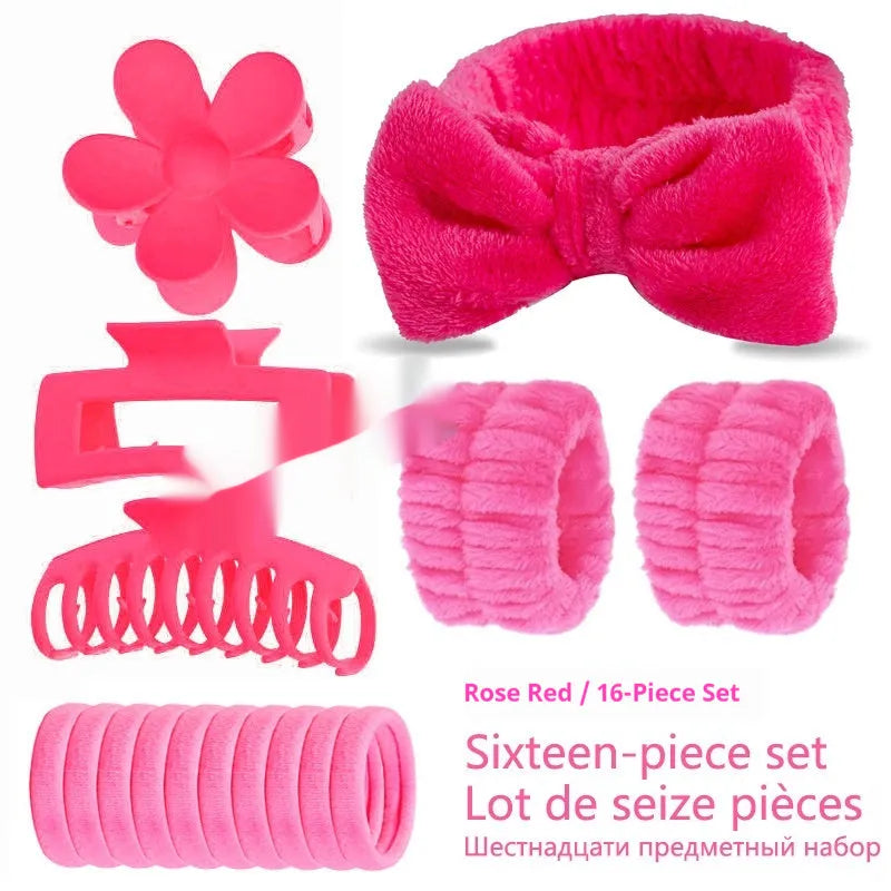 16-piece bow washing face hair band set in assorted colours with plaid pattern on OPP packaging