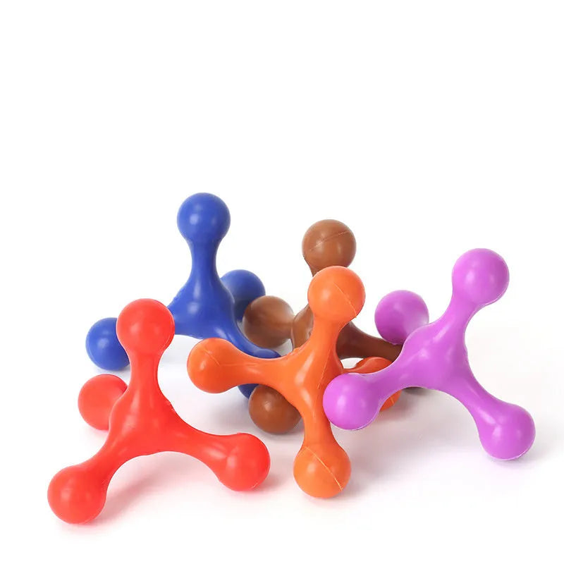 Blue silicone three-legged bone chew toy for puppies measuring 9.5cm