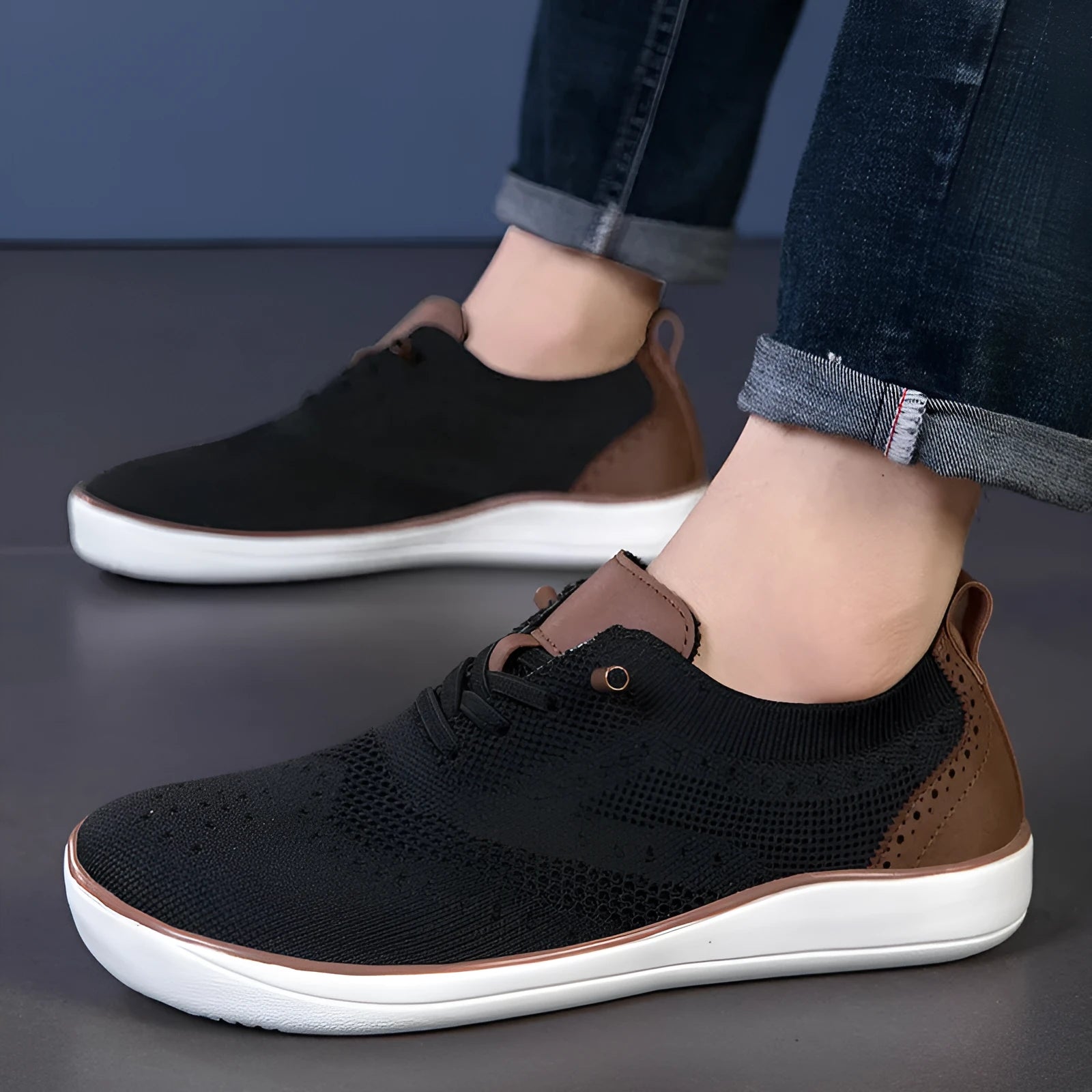 Widened fattened big wide last mesh walking shoes for larger feet in black fabric upper with flat EVA sole