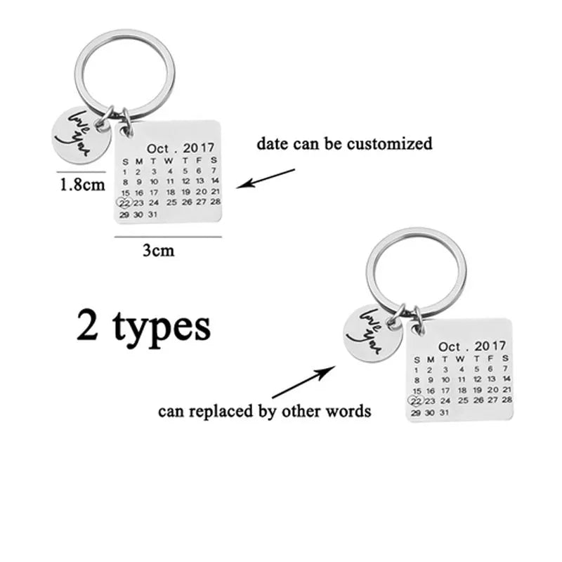 Stainless steel calendar keychain with custom engraved date in silver finish on neutral background