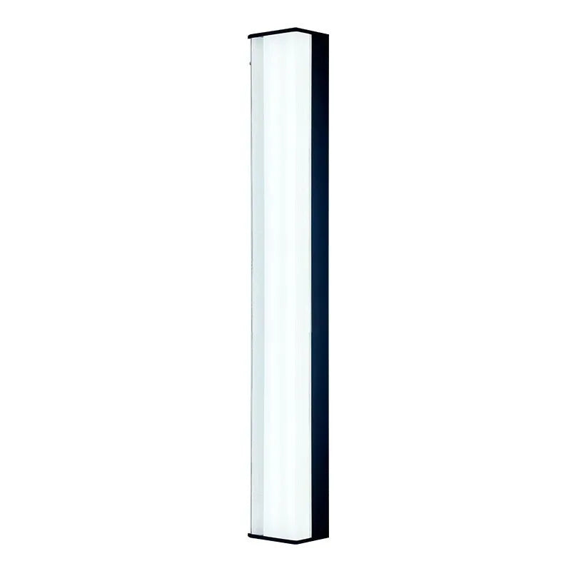 Modern outdoor wall lamp mounted on stone wall, showing clean lines and illuminated light source.