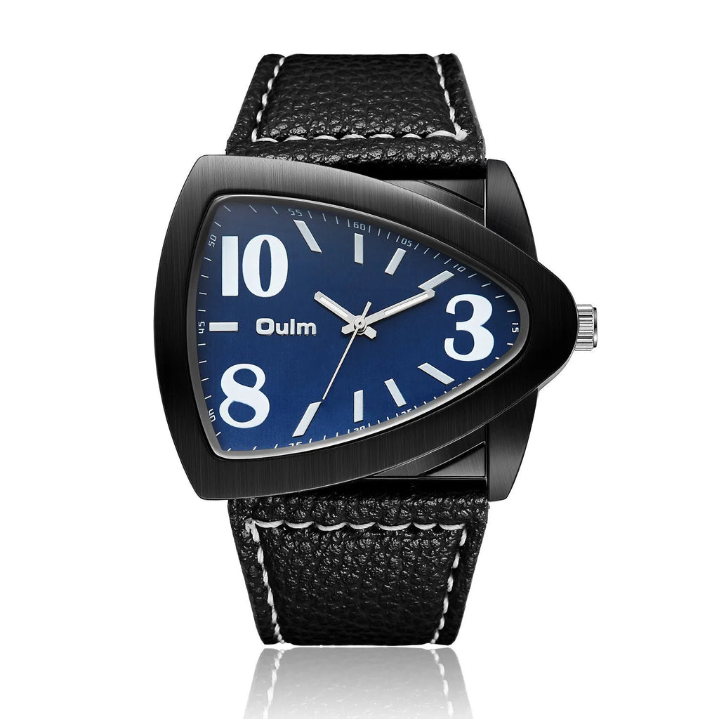 Men's brown casual quartz watch with triangle pattern belt strap showing 9mm thickness