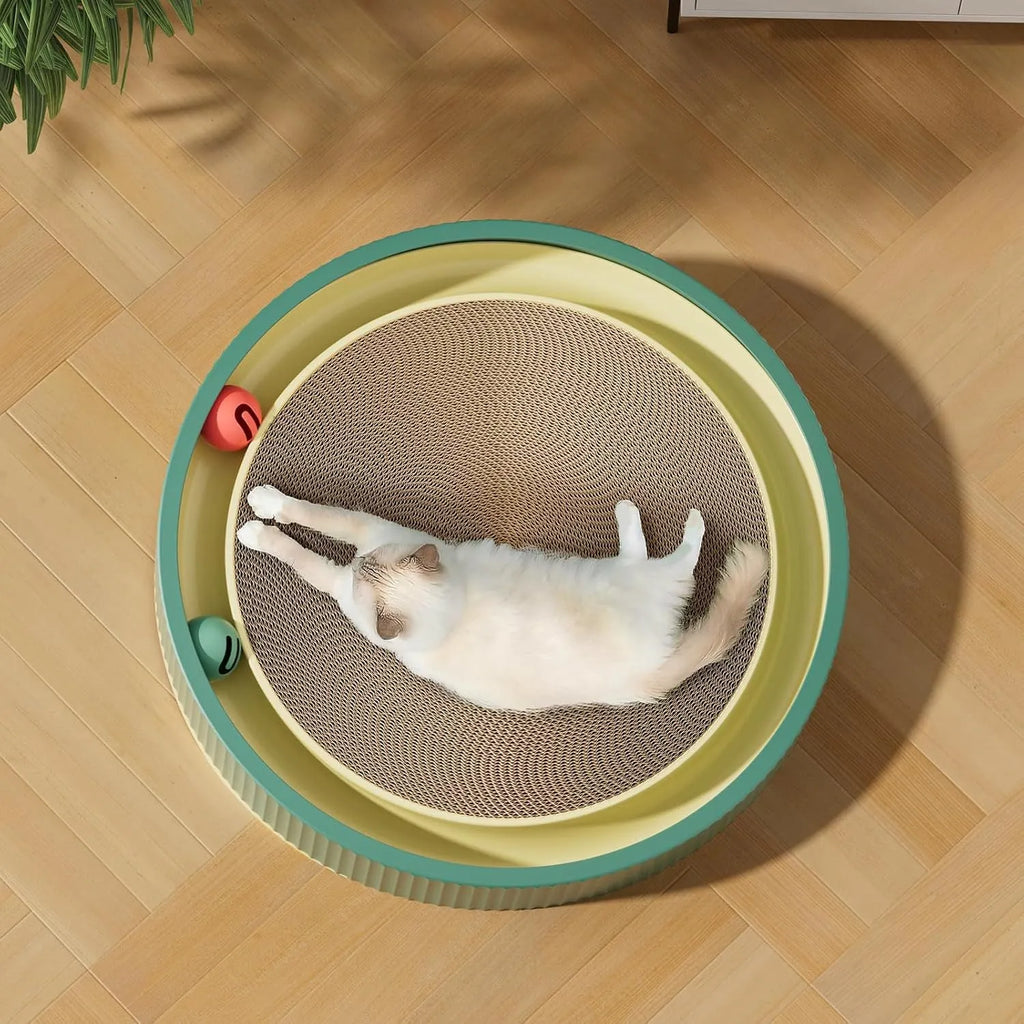 Large circular green cat scratching board with ball track toys and removable centre section