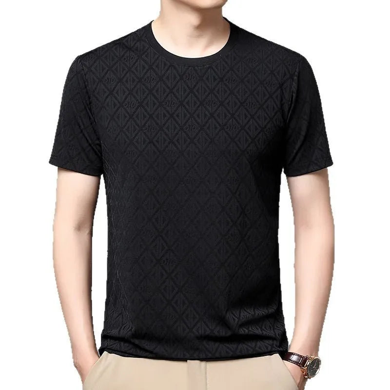 Men's loose fit ice silk polyester short sleeve t-shirt in black, shown on a hanger.