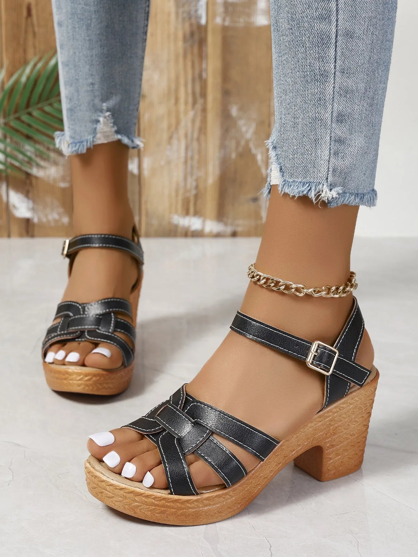 Plus size women's peep toe sandals with chunky heel and adjustable ankle buckle in black