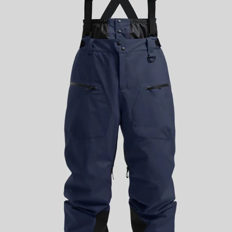 Men's black ski trousers with adjustable waist strap, showcasing thickened waterproof construction.