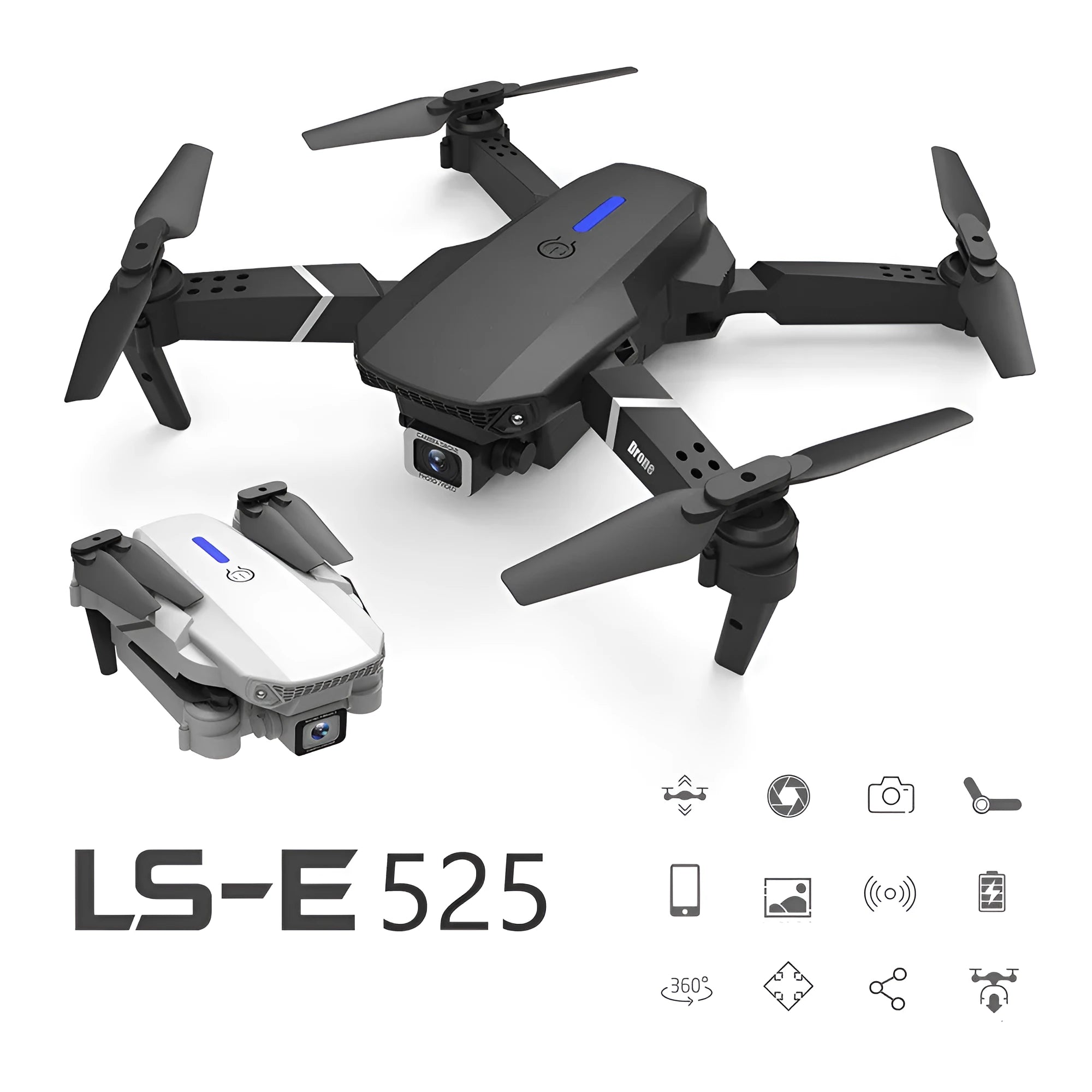 LSRC LS-E525 foldable 4K dual camera quadcopter drone with black and white body, arms folded