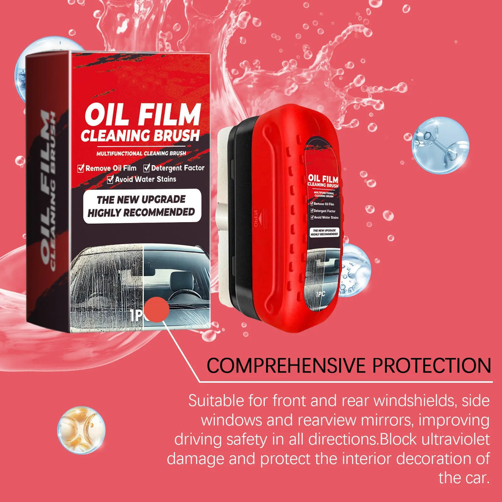Car glass oil film cleaner with integrated liquid brush and reusable foam sprayer on a windshield