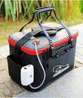 Collapsible EVA portable fishing bag in black with nylon zipper, folded flat on a wooden table