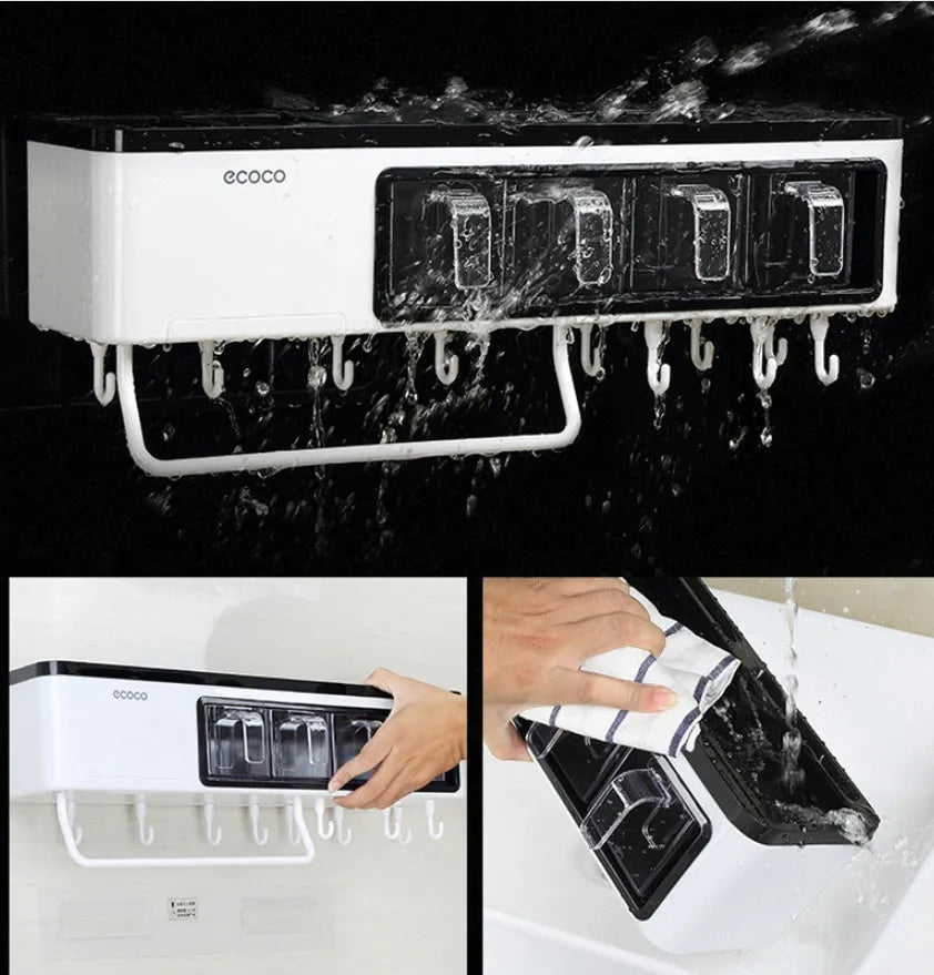 White plastic wall-mounted kitchen storage box with compartments for tools and seasonings