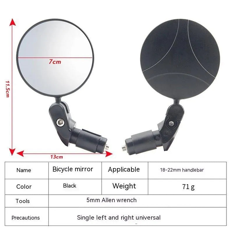 Black foldable convex rearview mirror with a 7cm diameter head on a 14cm arm against a white background.
