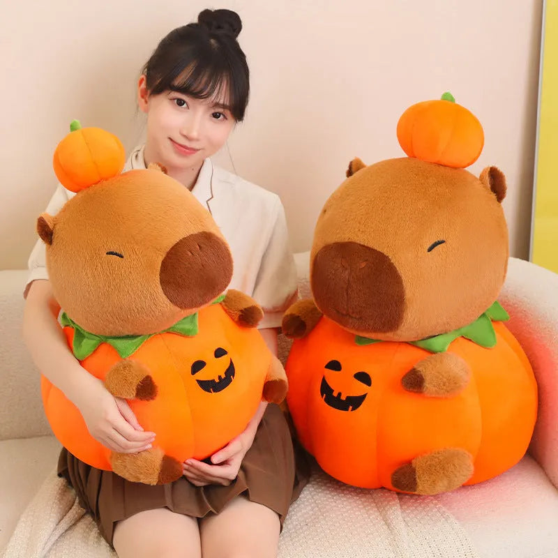 Cute Cappie Baran Melon capybara plush toy in pumpkin colour on a plain background