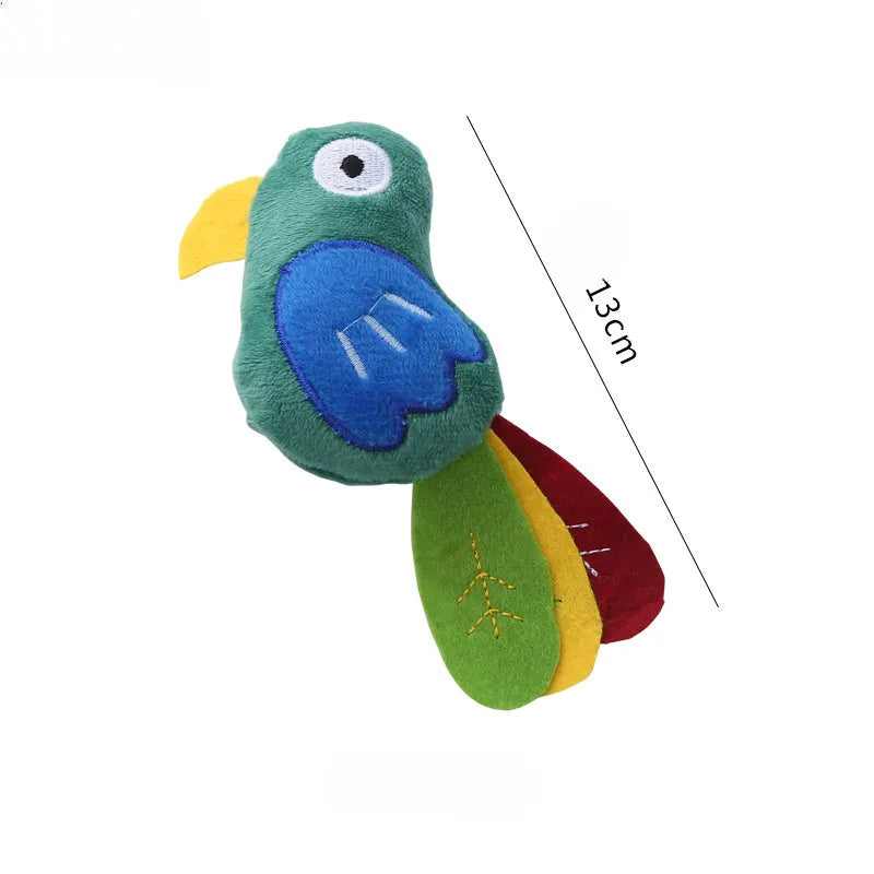 Plush cat toy in shape of cow, crocodile or parrot with catnip filling for interactive play