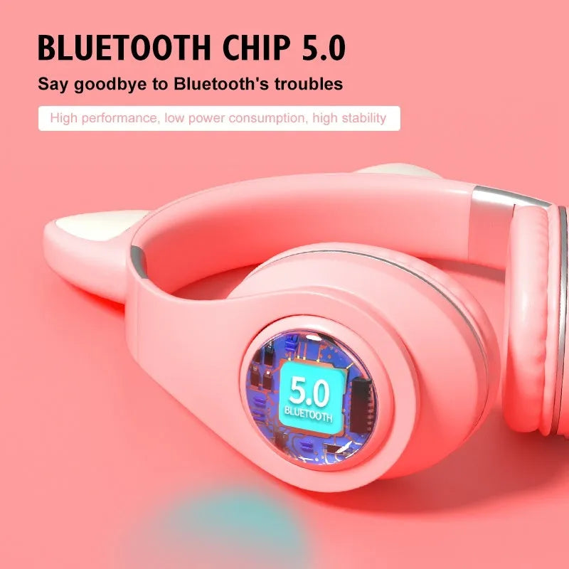 Cat ear wireless Bluetooth sports headset in various colours showing head-mounted design