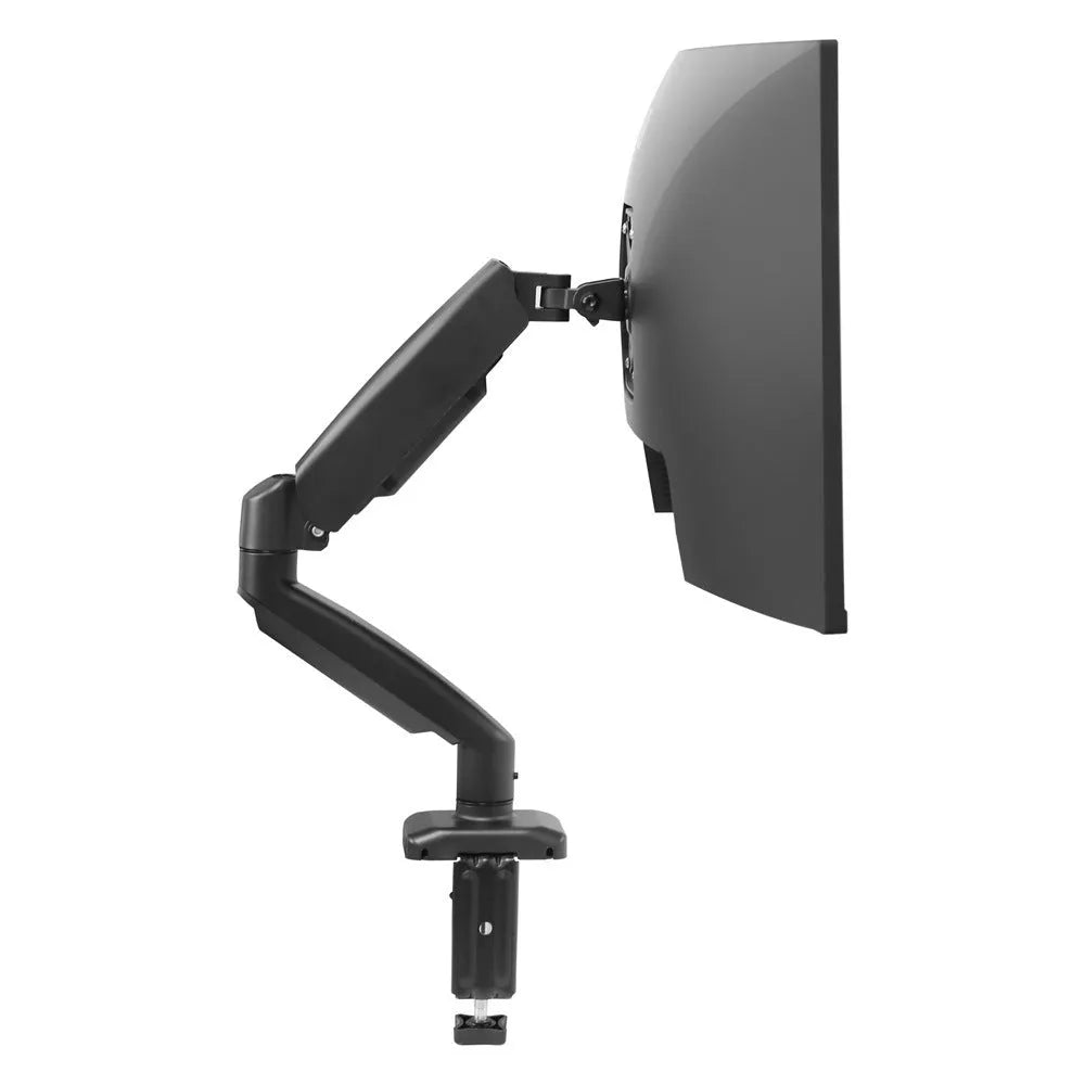 Black rotating telescopic LCD monitor bracket on a desk, showing adjustable height and swivel functions.