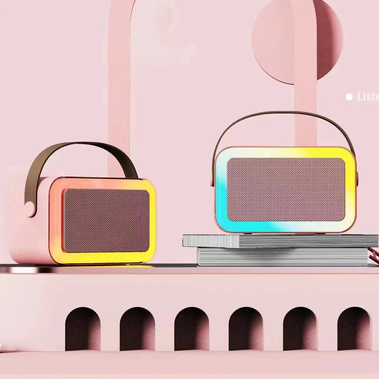 Portable Bluetooth karaoke microphone speaker in pink, sky blue or white colour with card recording slot