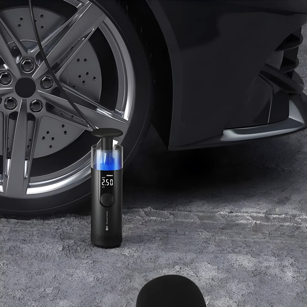 Electric high-pressure tire car air pump with digital display and 12V battery connection for inflating tires